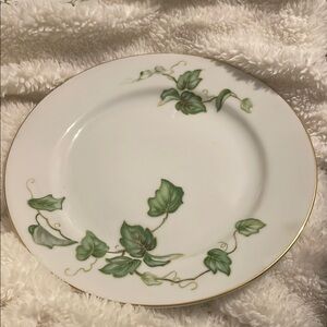 1 Vintage Elegant Green and White Fine China Plate with Moss Ivy Design
